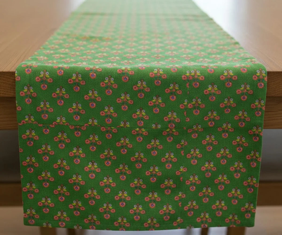 Green floral block print table runner