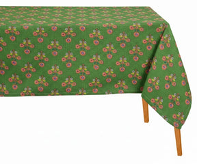 Green floral printed rectangular tablecloth with small multicolor block print motif on cotton fabric.