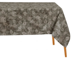 Elegant printed rectangle linen tablecloth with botanical pattern displayed on a dining table
