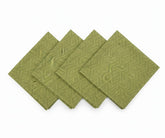 Gold and green woven linen napkins with subtle geometric texture, set of reusable dinner napkins