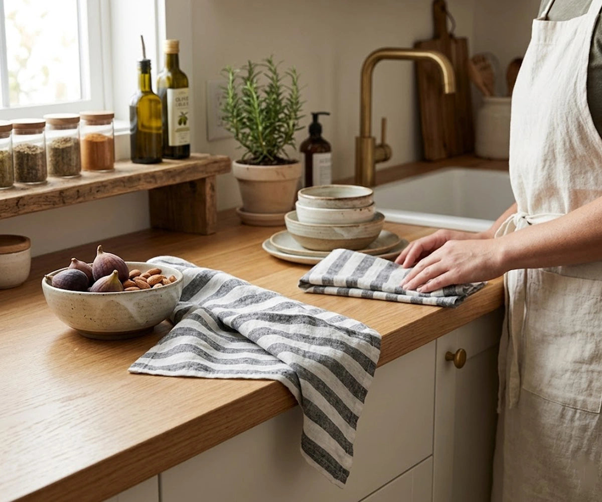 Black Italian stripe linen kitchen towels set of 2 made from eco friendly pure linen for modern farmhouse kitchens
