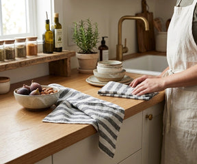 Black Italian stripe linen kitchen towels set of 2 made from eco friendly pure linen for modern farmhouse kitchens