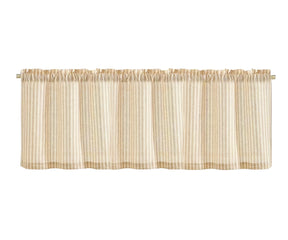 Close-up of woven stripe texture on natural beige linen kitchen curtain fabric