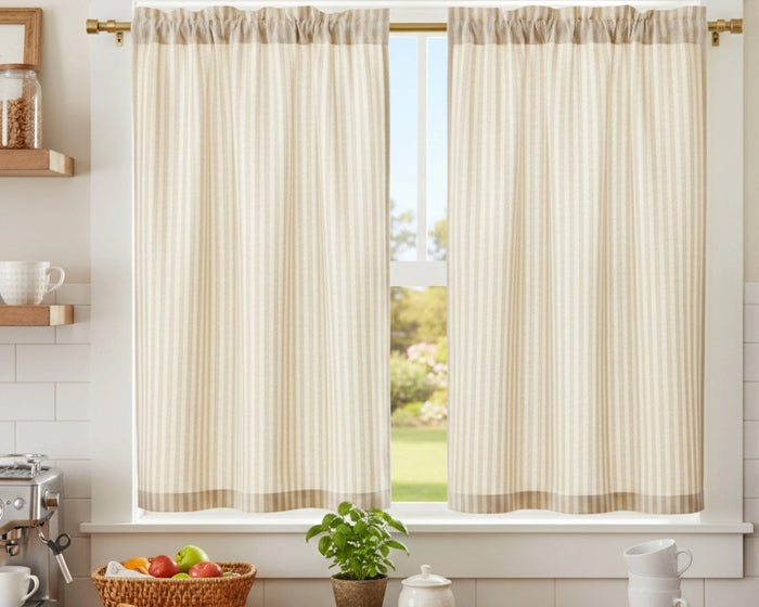 Striped café curtains for kitchen windows, 100% natural linen fabric
Short linen curtains for kitchen window privacy with a neutral farmhouse style