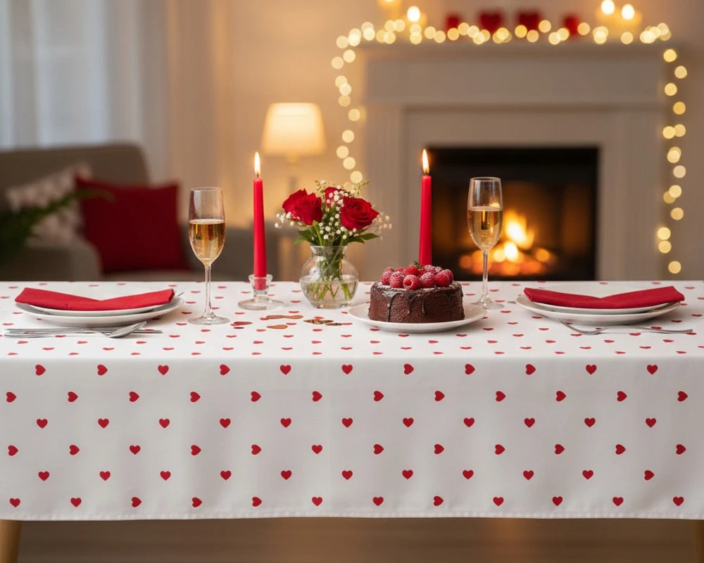 White table cover with red hearts for Valentine’s Day dining decor