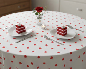 White round table cover with red heart print for Valentine’s décor