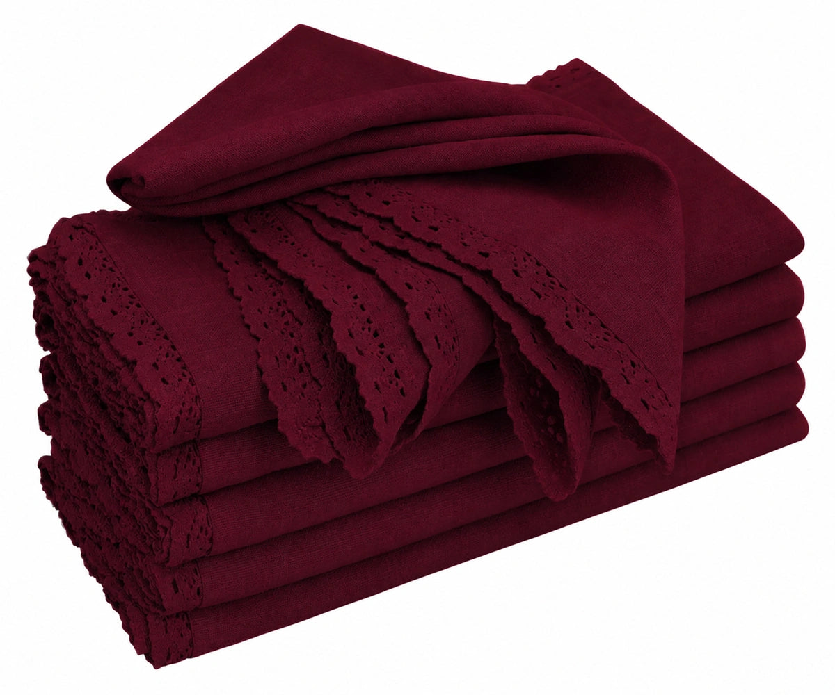 Burgundy lace trimmed cotton dinner napkins set for weddings and events