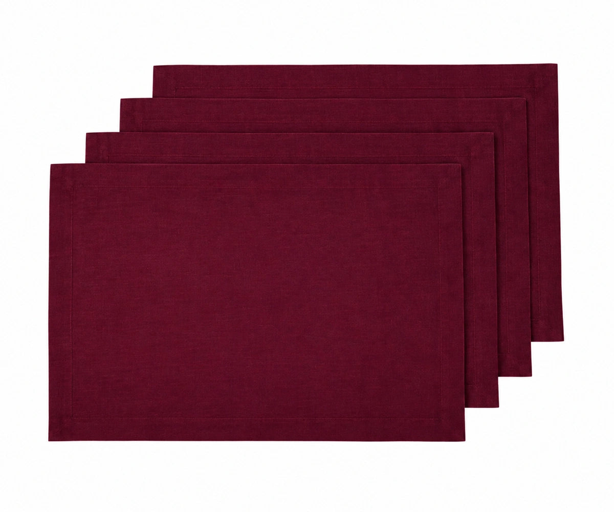 Burgundy rectangular linen placemats made from 100% natural linen, durable and washable, perfect for dining tables, weddings, or holiday décor, available in sets of 4, 8, or 12 for elegant table settings.