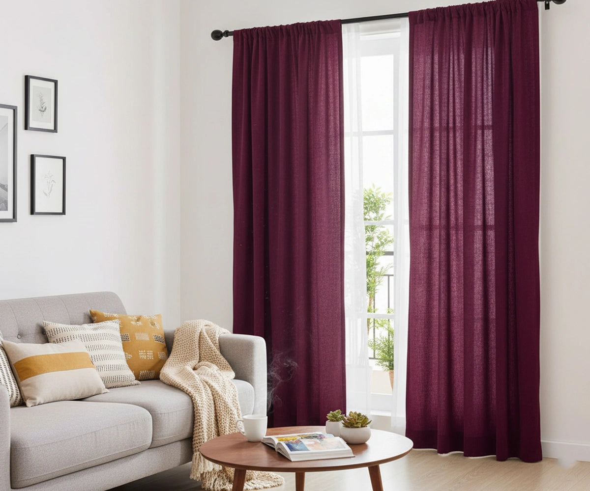 Burgundy linen window curtains offering a simple, classic, and stylish finish