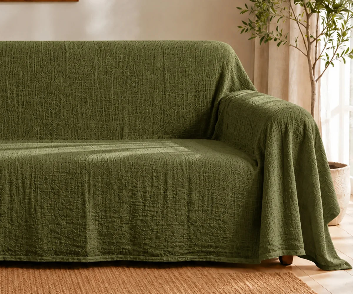 Olive green linen sofa cover, washable reusable couch cover for furniture protection, pet hair, dust, spills, and everyday use