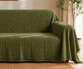 Olive green linen sofa cover, washable reusable couch cover for furniture protection, pet hair, dust, spills, and everyday use
