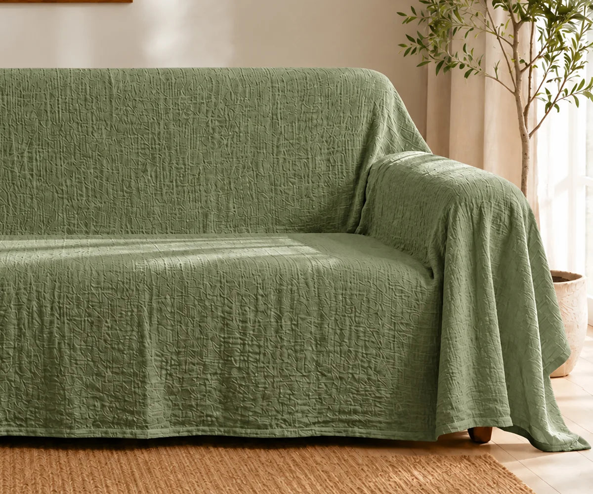 Sage green linen sofa cover, washable reusable couch protector for spills, stains, pet hair, dust, and everyday furniture protection