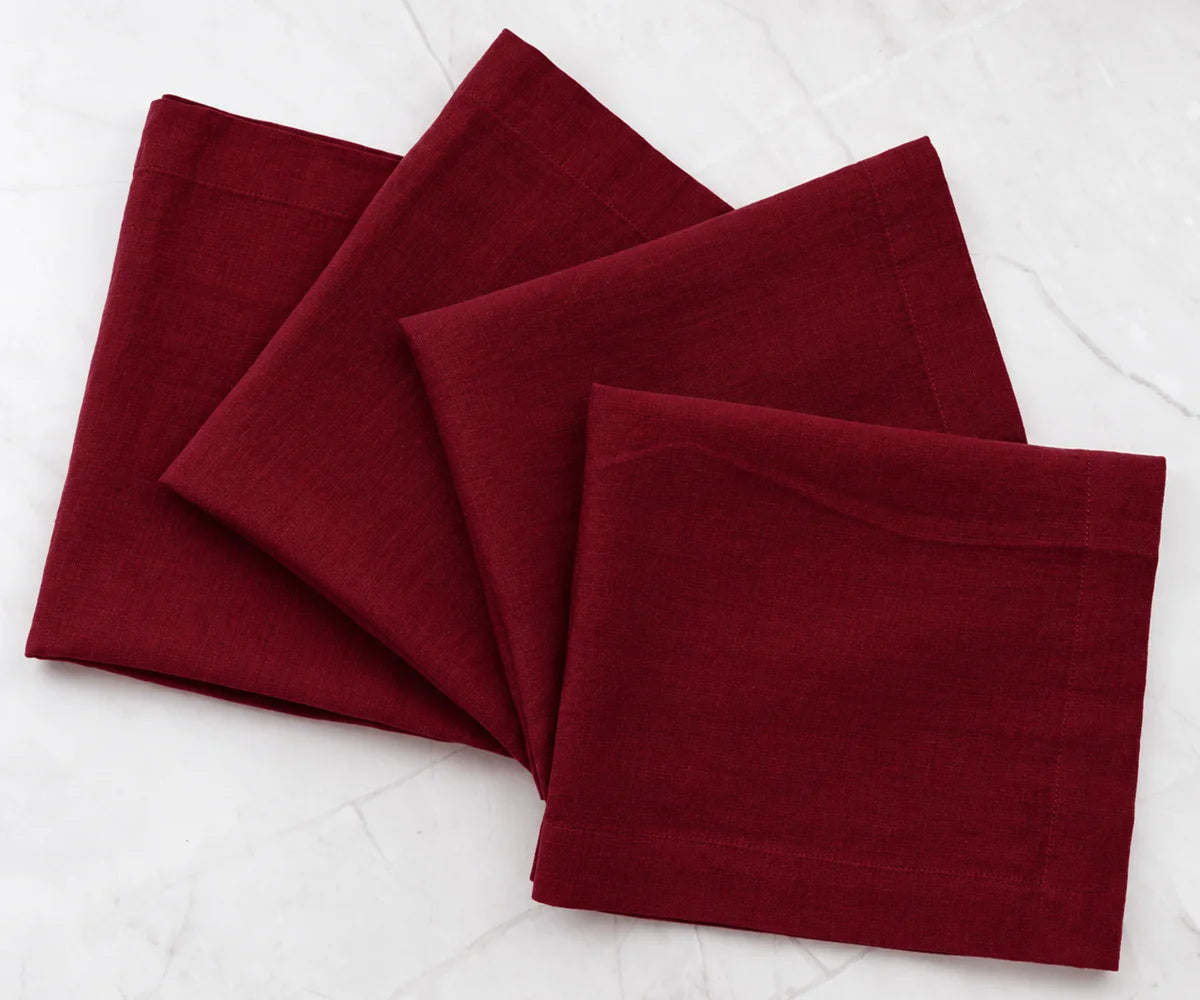 burgundy linen cocktail napkins made from 100% linen, elegant reusable cocktail napkins for weddings, receptions, and special events