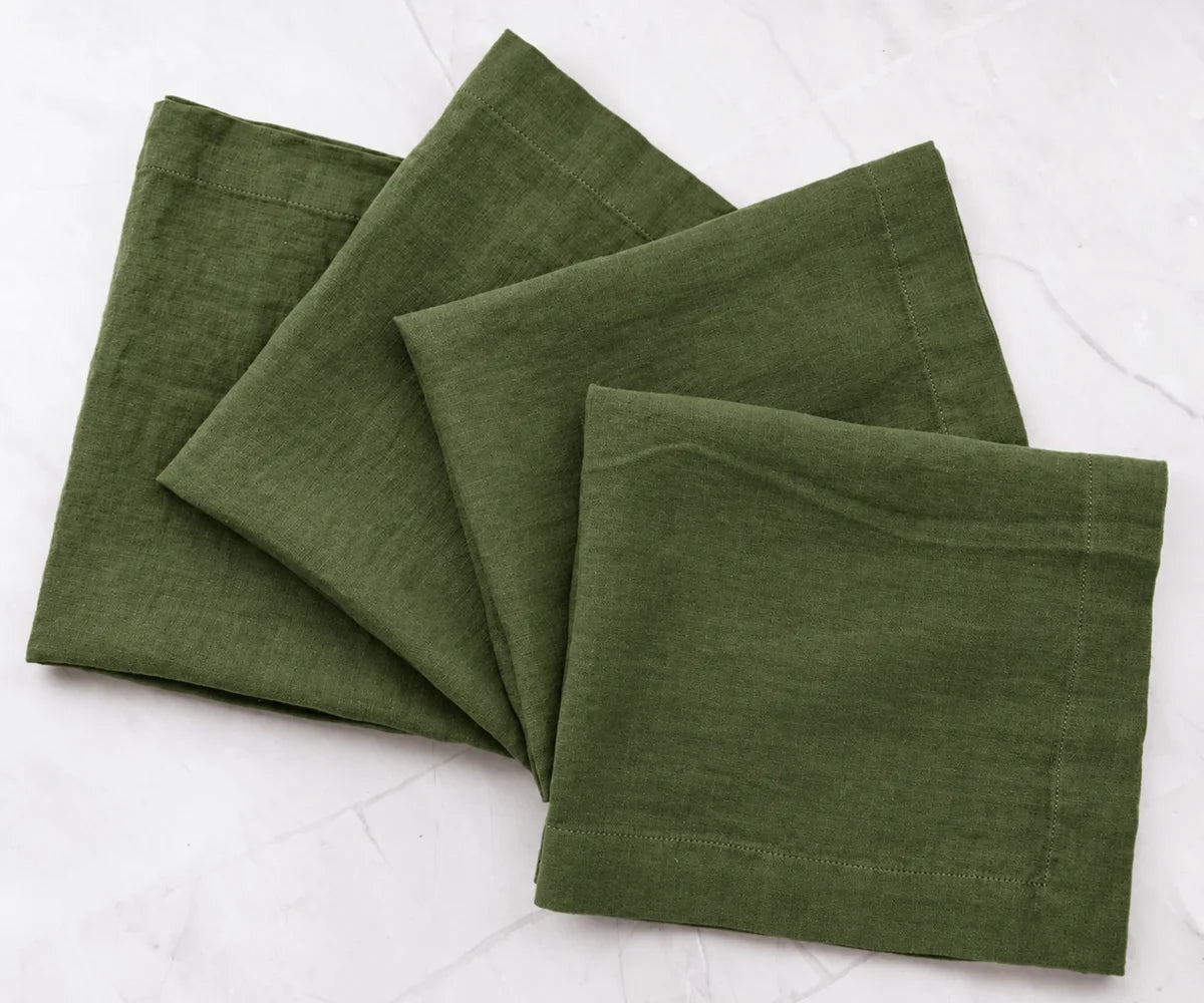 Olive green linen cocktail napkins for sale, elegant reusable linen cloth napkins for cocktail parties, dinner parties, and weddings