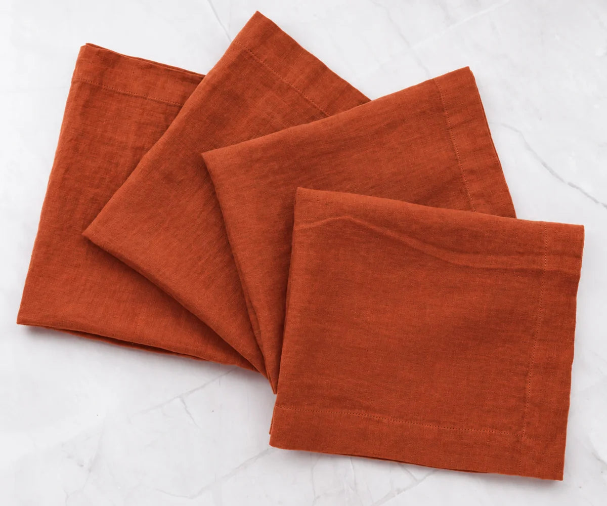 rust linen cocktail napkins made from 100% linen, stylish reusable cloth napkins for wedding receptions, parties, and entertaining