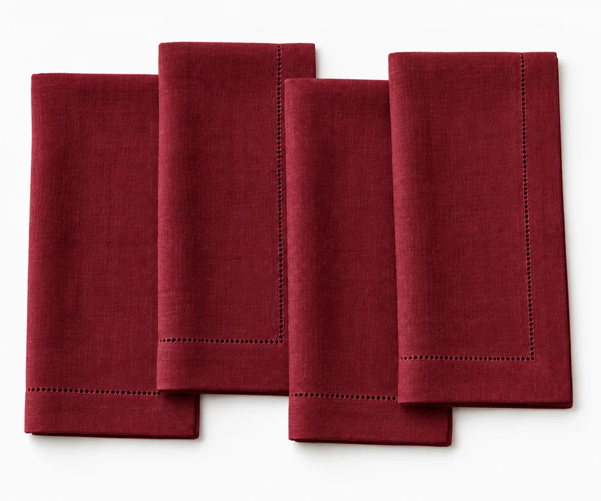 Burgundy linen dinner napkins, 100% linen cloth napkins with hemstitched edges for elegant dining tables