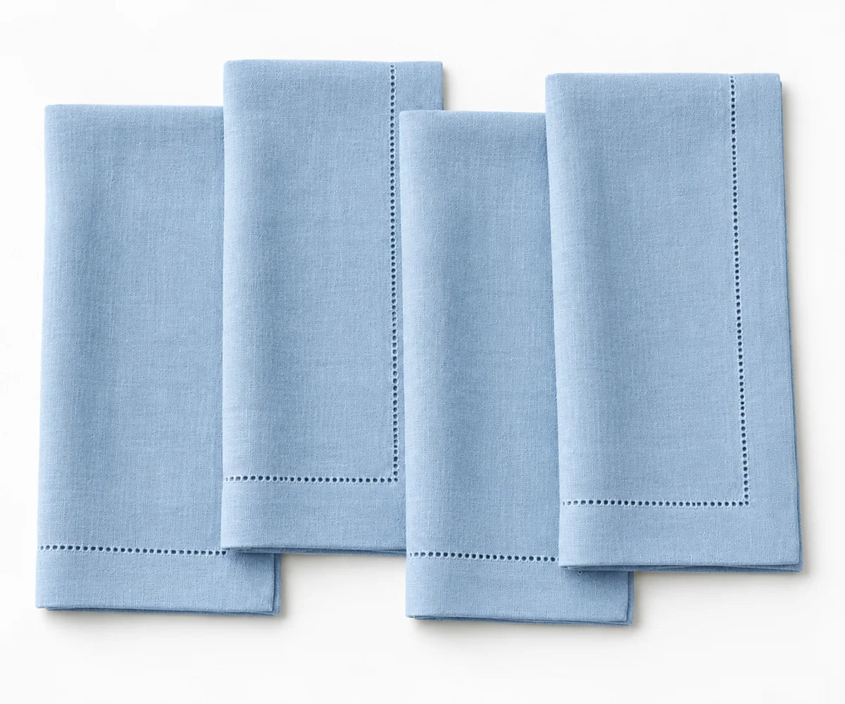 Light blue 100% linen hemstitch napkins with mitered corners, elegant reusable linen dinner napkins for everyday dining and events