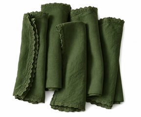 Olive green linen lace dinner napkins with delicate edging for elegant dining table decor