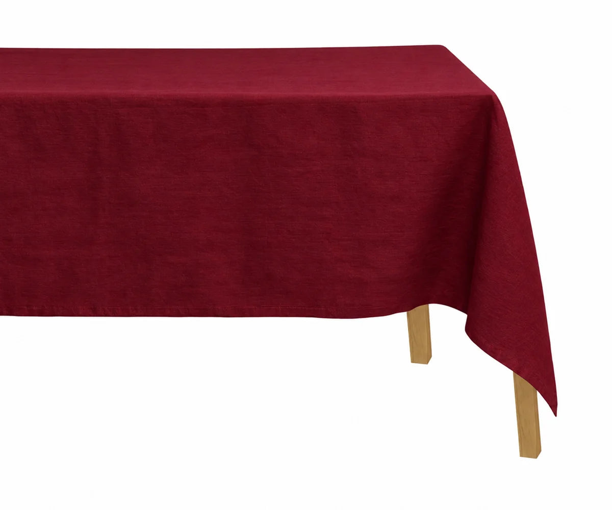 Burgundy linen tablecloth made from 100% pure European linen for elegant dining. Rectangular burgundy linen tablecloth for weddings, holiday dinners, and special occasions.