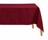Burgundy linen tablecloth made from 100% pure European linen for elegant dining. Rectangular burgundy linen tablecloth for weddings, holiday dinners, and special occasions.