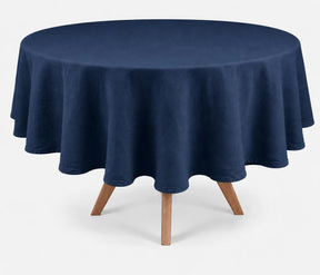 Navy blue round linen tablecloth made from 100% natural linen for elegant dining table decor