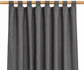 Charcoal gray linen window treatment with tab top hanging loops, durable 100% linen curtains for minimalist bedrooms, modern living rooms, and contemporary décor.