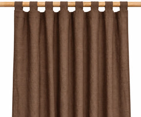 Chocolate brown linen window curtains with fabric tab loops, 100% linen drapes for warm rustic interiors, farmhouse bedrooms, and cozy living rooms.