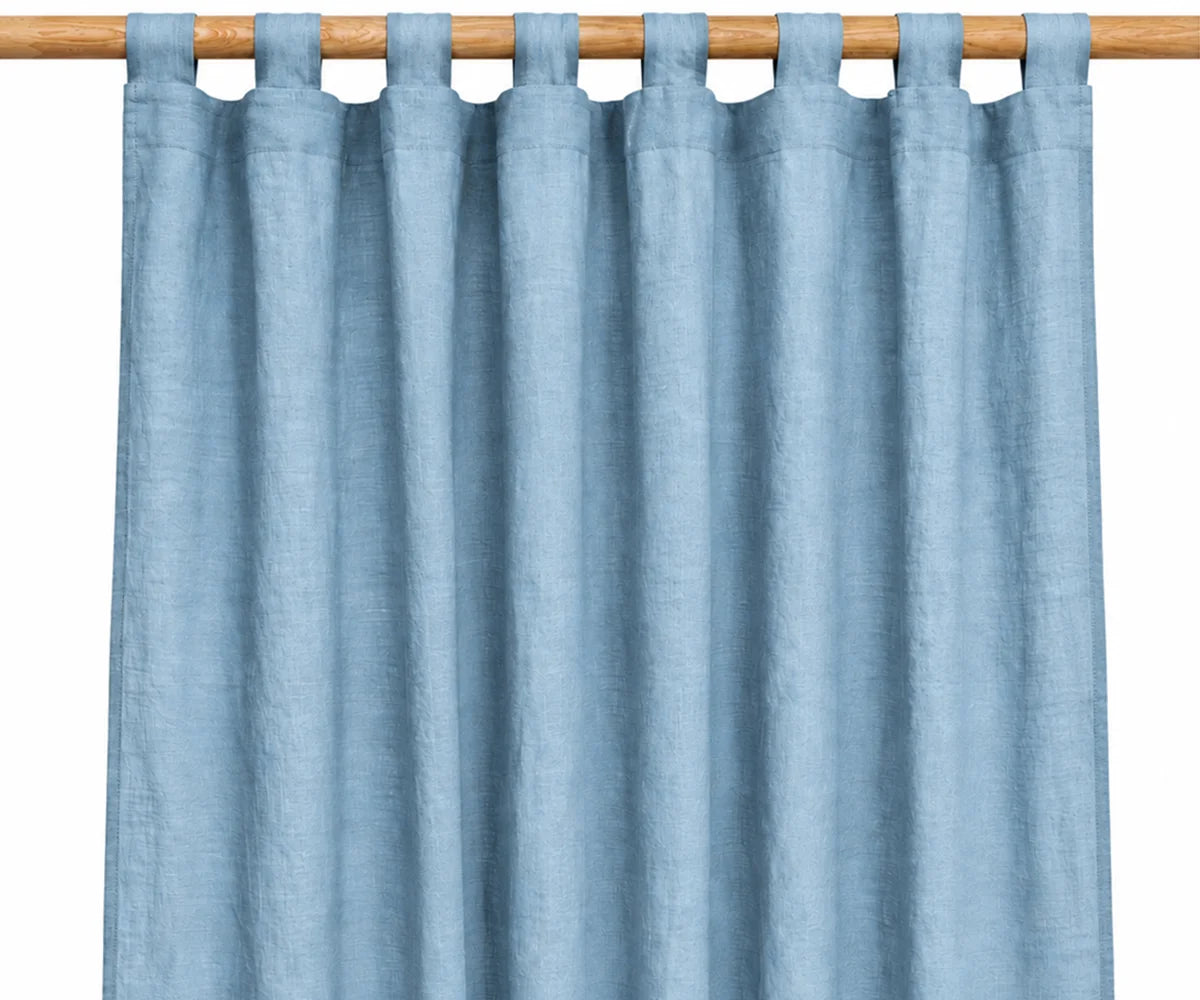 Dusty blue tab top linen curtains, soft 100% linen window treatment for coastal bedrooms and living rooms, ideal for an airy and calming home.