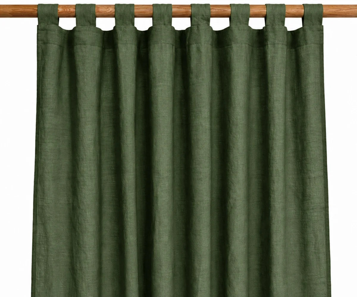 Olive green 100% linen tab top curtains for living room and bedroom, earthy green linen window panels for farmhouse décor