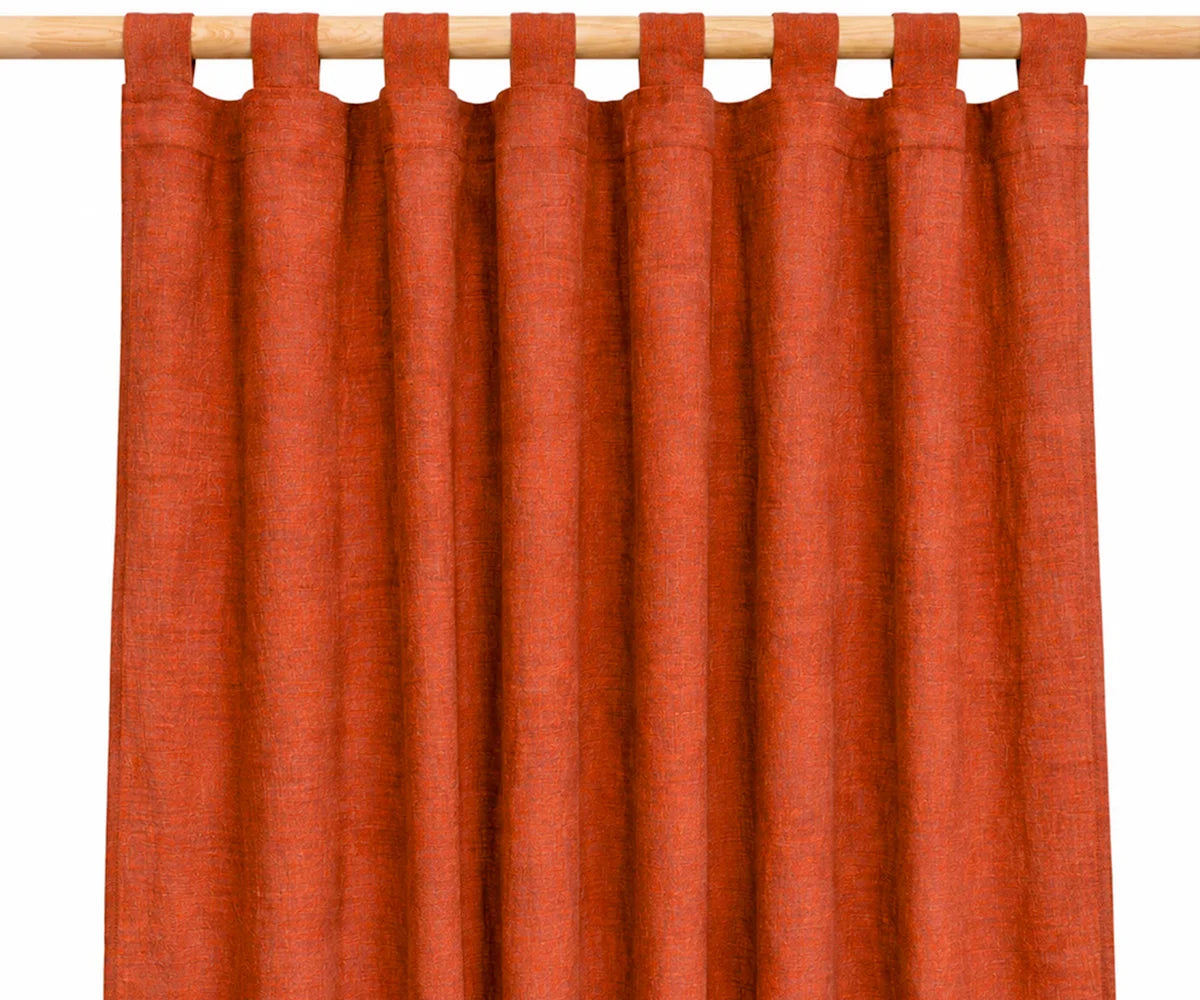Rust-colored linen curtains with tab top loops, 100% linen window panels for boho bedrooms, farmhouse living rooms, and warm earthy interior décor