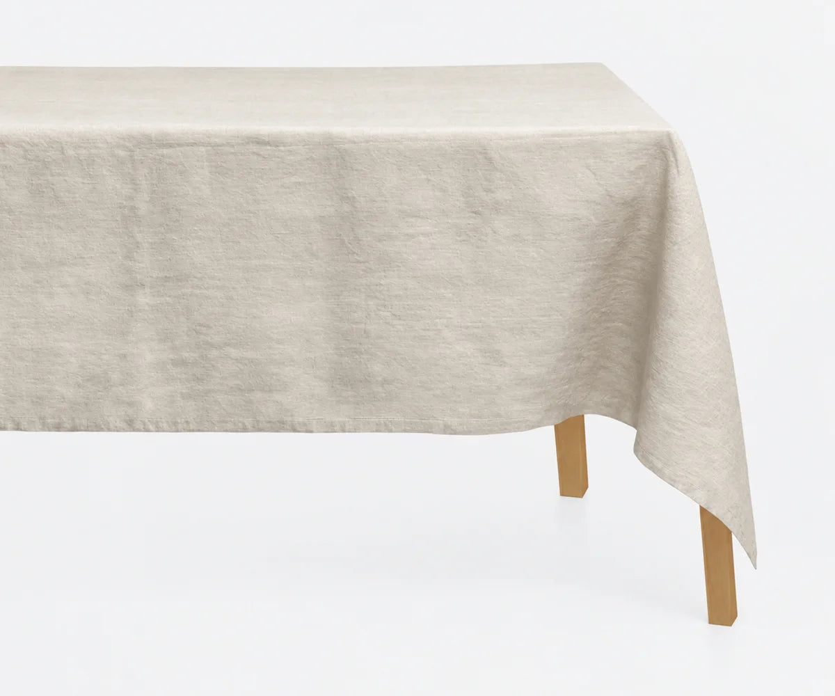 Rectangular flax linen tablecloth in soft stonewashed European linen, perfect for everyday dining and special occasions.