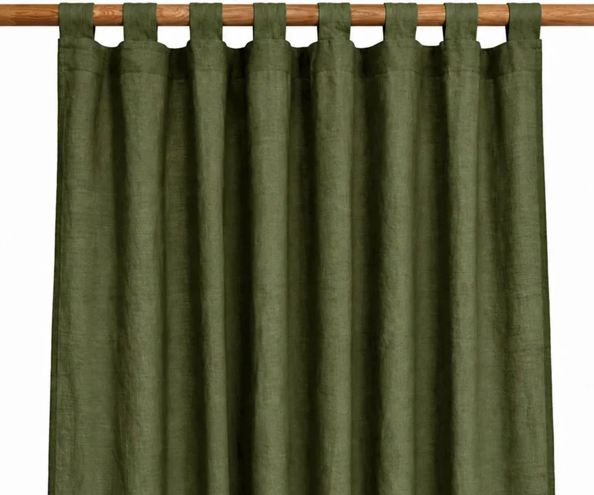 Olive green 100% linen tab top curtains for living room and bedroom, earthy green linen window panels for farmhouse décor