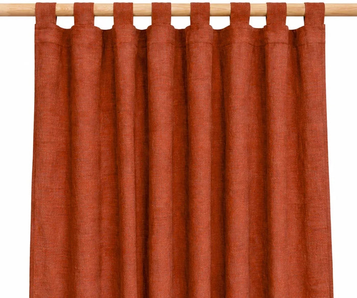 Rust-colored linen curtains with tab top loops, 100% linen window panels for boho bedrooms, farmhouse living rooms, and warm earthy interior décor
