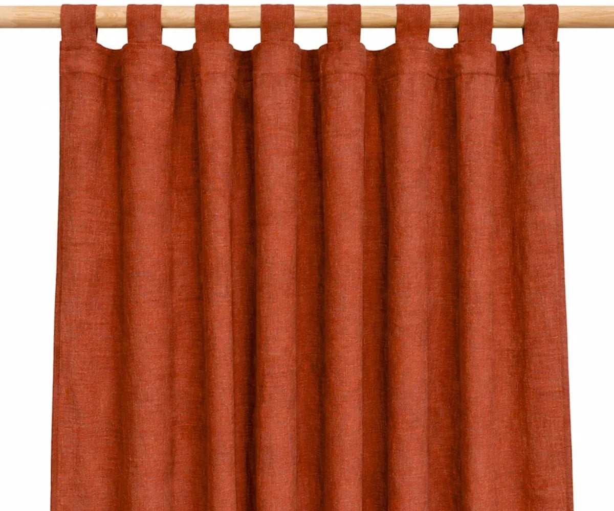 Rust-colored linen curtains with tab top loops, 100% linen window panels for boho bedrooms, farmhouse living rooms, and warm earthy interior décor