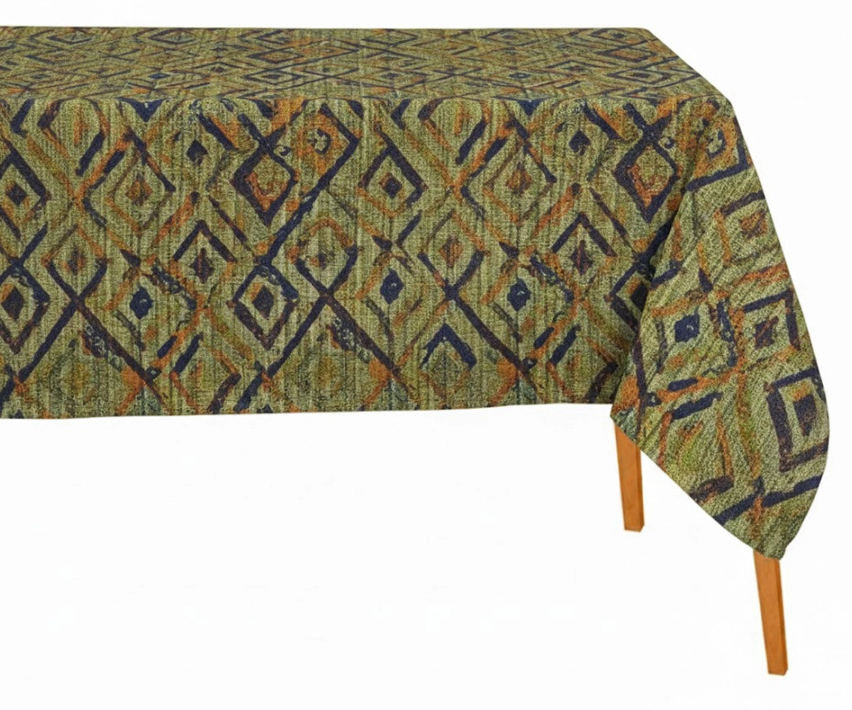Earthy olive textured linen rectangle tablecloth for warm rustic dining table décor and natural home styling