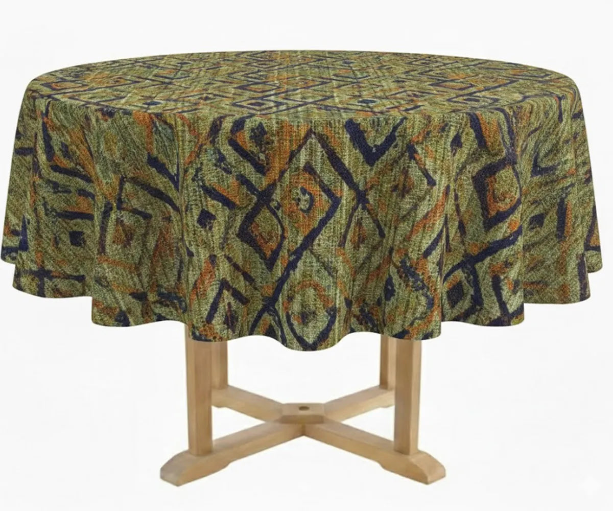 Round table with a patterned green tablecloth on a white background