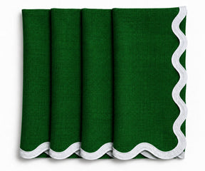Green linen scalloped napkins with white embroidered edge, European linen cloth dinner napkins for farmhouse, holiday, and everyday table settings.