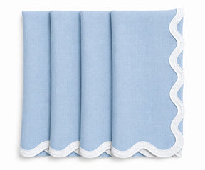 Light blue linen scalloped napkins with white embroidered border, premium European linen scalloped edge napkins for weddings and everyday dining.