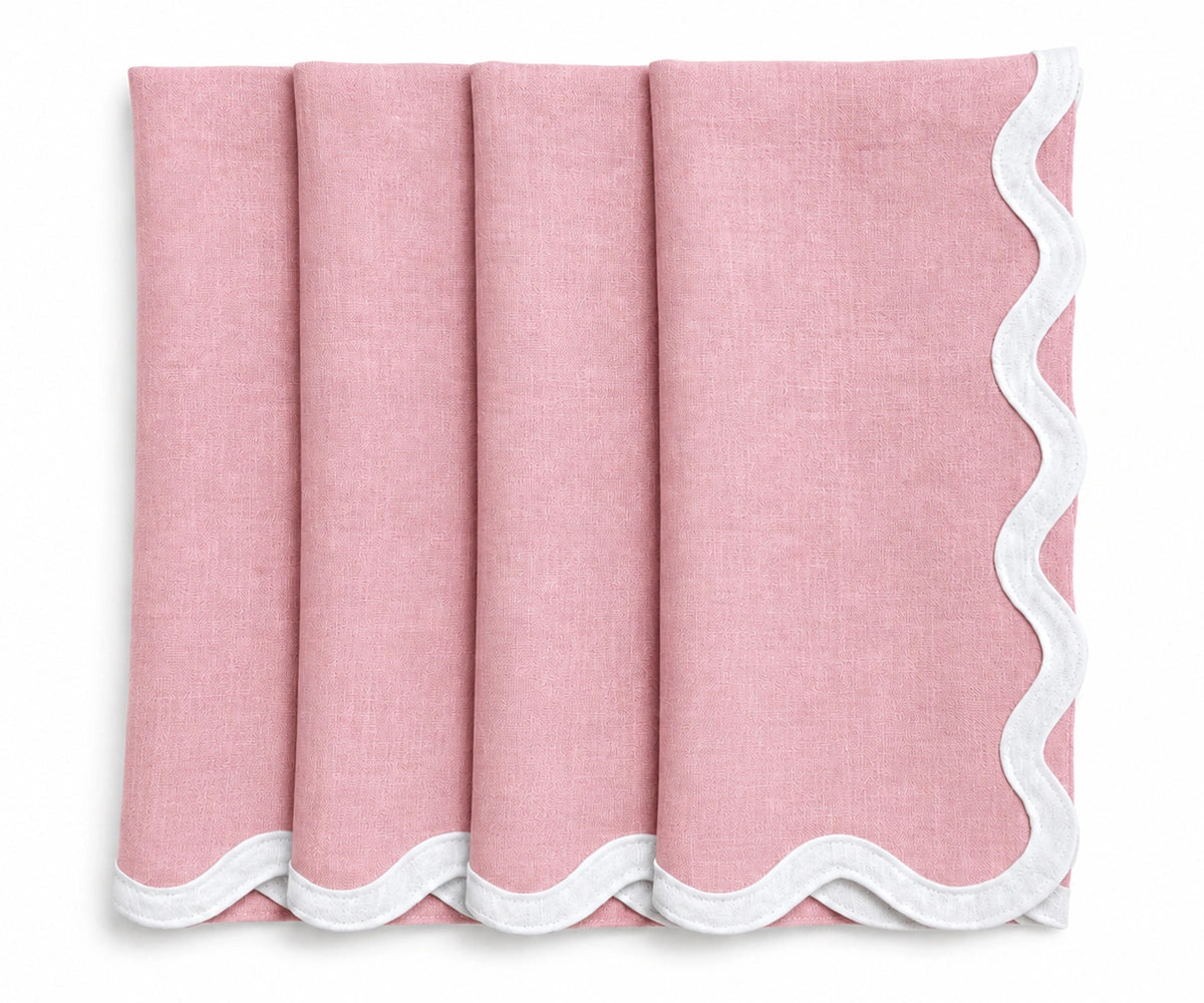Peony pink European linen napkins with white scalloped embroidery, soft reusable cloth napkins for elegant table décor.