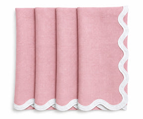 Peony pink European linen napkins with white scalloped embroidery, soft reusable cloth napkins for elegant table décor.
