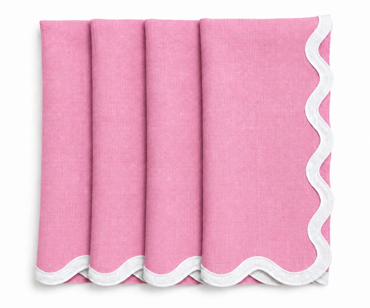 Pink linen scalloped napkins with white embroidered scalloped trim, elegant reusable linen cloth dinner napkins for modern table decor.