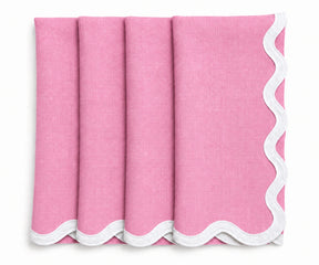 Pink linen scalloped napkins with white embroidered scalloped trim, elegant reusable linen cloth dinner napkins for modern table decor.