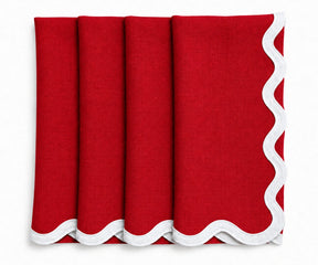 Red linen scalloped napkins with white embroidered scalloped edge, reusable European linen cloth dinner napkins for elegant dining table settings.