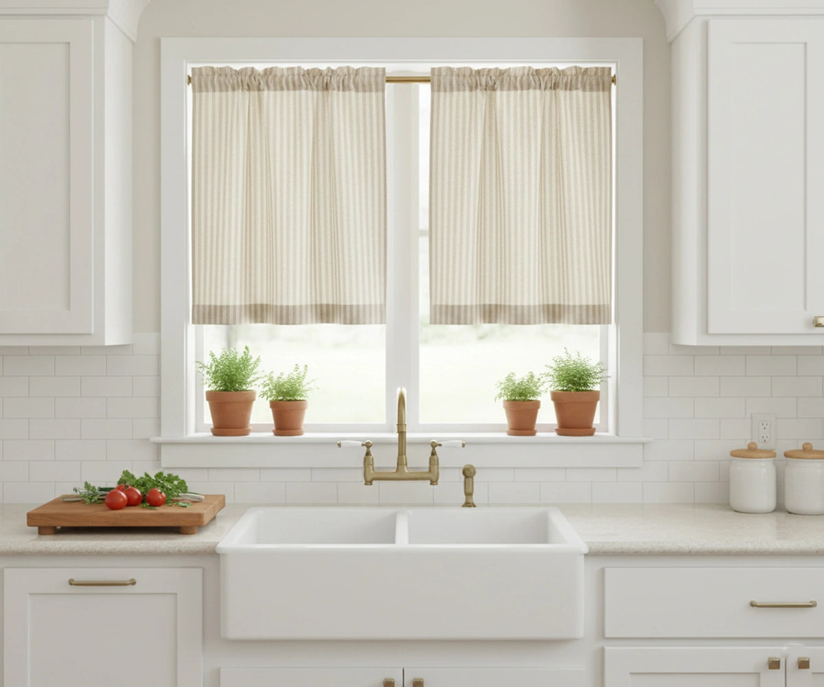 Beige striped half-length curtains providing soft privacy and a modern touch