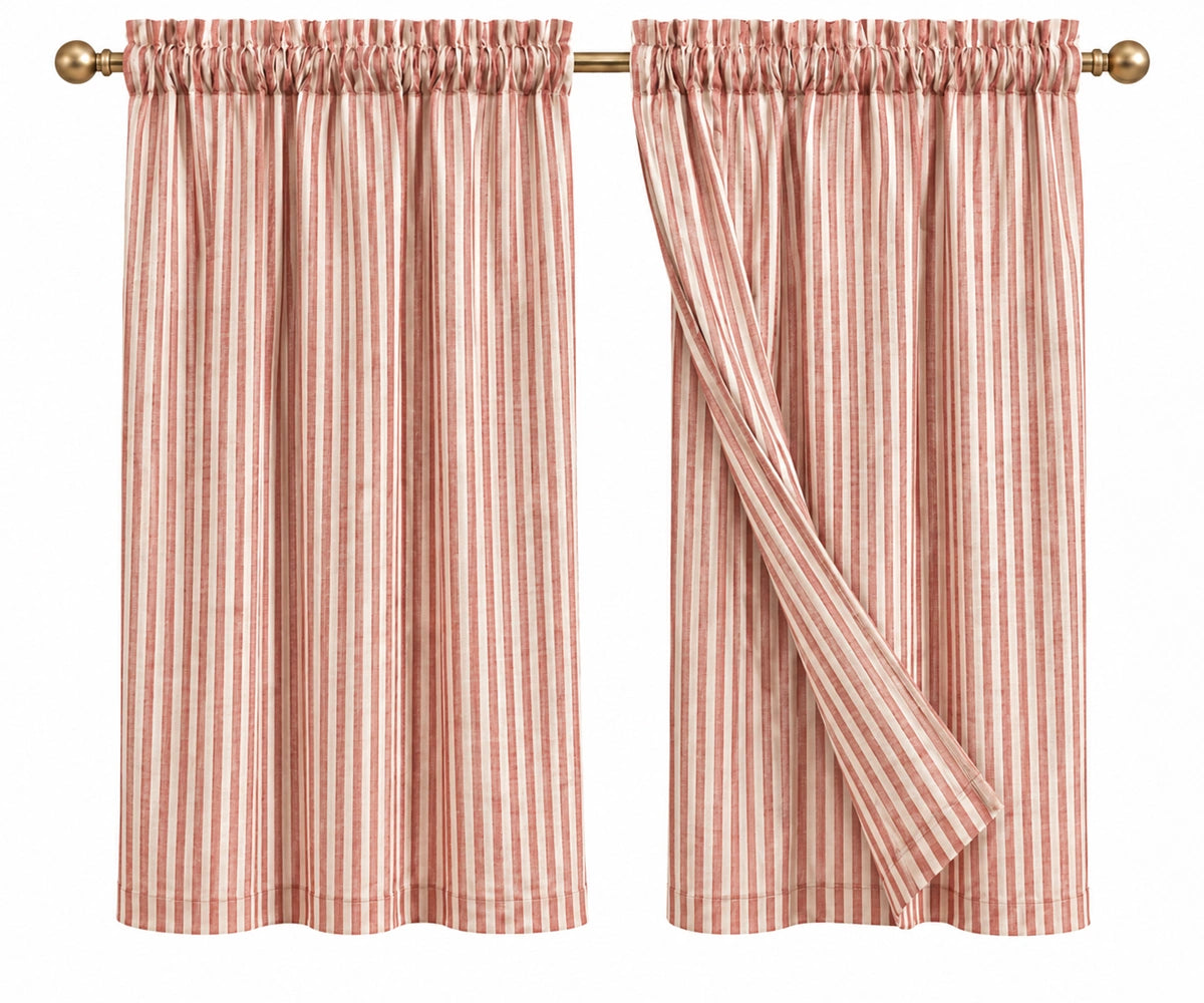 Red linen café curtains for kitchen windows, set of 2. Short red linen tier curtains for small windows with soft natural light filtering