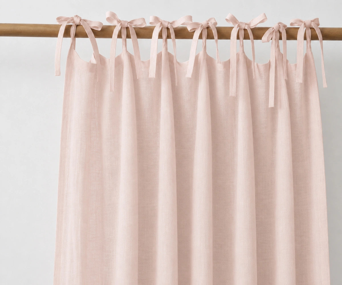 Blush tie top linen curtains made from 100% linen, soft light filtering curtain panels for bedroom, living room and elegant home deco