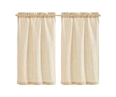 Beige 100% linen cafe curtains on a kitchen window above the sink, farmhouse style.