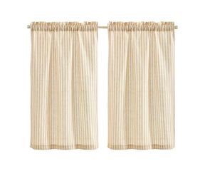 Beige 100% linen cafe curtains on a kitchen window above the sink, farmhouse style.