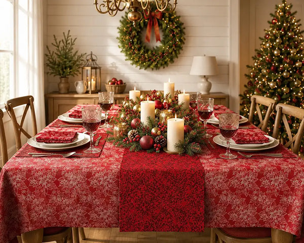 Decorated Christmas table with red tablecloth, candles, and festive decorations.