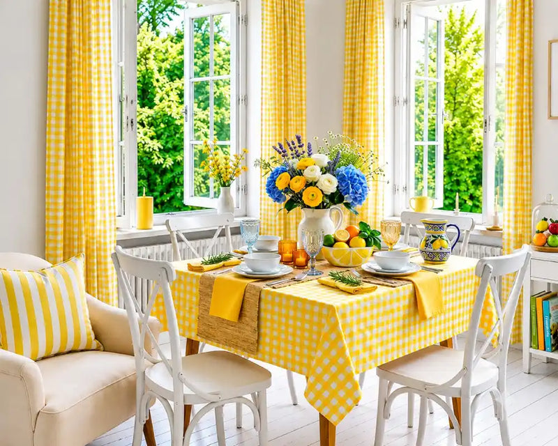 A bright dining room scene with a yellow-and-white gingham tablecloth on a rectangular table, white chairs, floral centerpieces, and matching yellow curtains by tall windows.